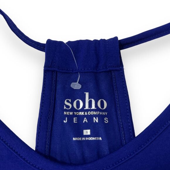 soho New York & Co Jeans WOMENS SMALL Blue 3/4 Sleeve Covered Strap-Back Top NEW - Picture 4 of 16